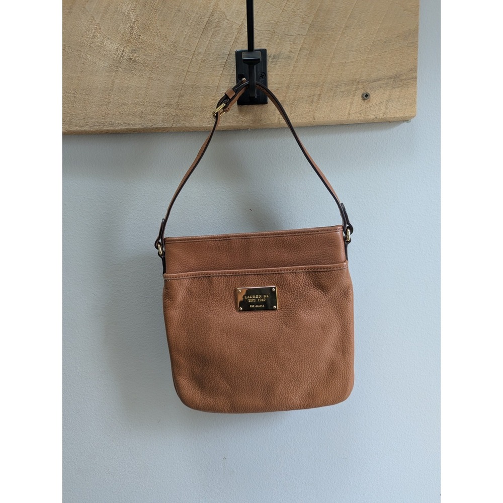 Lauren Ralph Lauren LRL Tan Pepple Leather Zipper Shoulder Bag Slim Purse